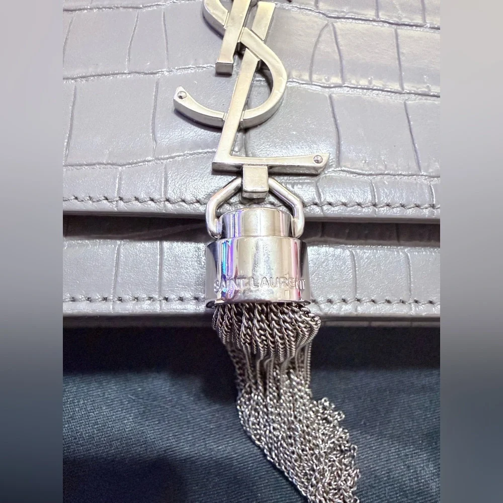Saint Laurent Silver-Tone Hardware Grey Croc-Embossed Tassel Card Holder
